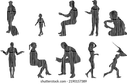 Vector silhouettes, Outline silhouettes of people, Contour drawing, people silhouette, Icon Set Isolated, Silhouette of sitting people, Architectural set	
