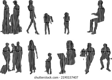 Vector silhouettes, Outline silhouettes of people, Contour drawing, people silhouette, Icon Set Isolated, Silhouette of sitting people, Architectural set	

