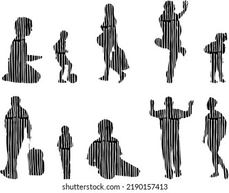 Vector silhouettes, Outline silhouettes of people, Contour drawing, people silhouette, Icon Set Isolated, Silhouette of sitting people, Architectural set	
