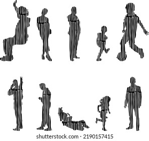 Vector silhouettes, Outline silhouettes of people, Contour drawing, people silhouette, Icon Set Isolated, Silhouette of sitting people, Architectural set	
