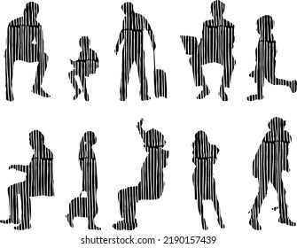 Vector silhouettes, Outline silhouettes of people, Contour drawing, people silhouette, Icon Set Isolated, Silhouette of sitting people, Architectural set	
