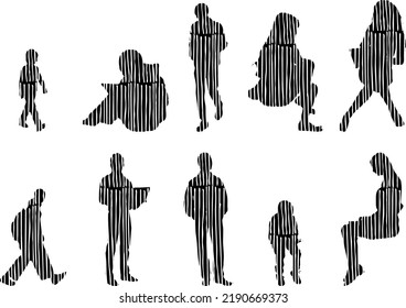 Vector silhouettes, Outline silhouettes of people, Contour drawing, people silhouette, Icon Set Isolated, Silhouette of sitting people, Architectural set	
