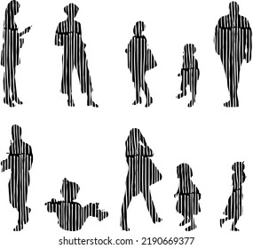 Vector silhouettes, Outline silhouettes of people, Contour drawing, people silhouette, Icon Set Isolated, Silhouette of sitting people, Architectural set	

