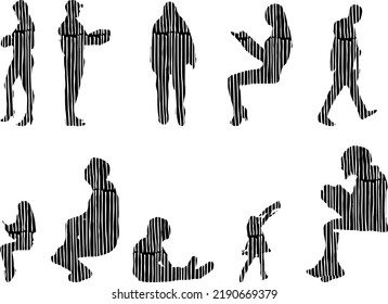 Vector silhouettes, Outline silhouettes of people, Contour drawing, people silhouette, Icon Set Isolated, Silhouette of sitting people, Architectural set	
