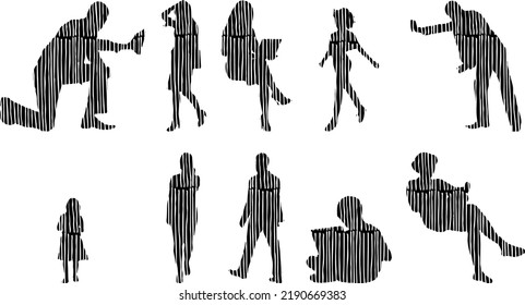 Vector silhouettes, Outline silhouettes of people, Contour drawing, people silhouette, Icon Set Isolated, Silhouette of sitting people, Architectural set	
