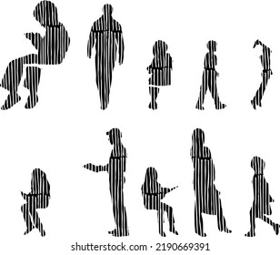 Vector silhouettes, Outline silhouettes of people, Contour drawing, people silhouette, Icon Set Isolated, Silhouette of sitting people, Architectural set	
