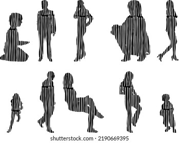 Vector silhouettes, Outline silhouettes of people, Contour drawing, people silhouette, Icon Set Isolated, Silhouette of sitting people, Architectural set	
