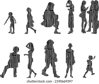 Vector silhouettes, Outline silhouettes of people, Contour drawing, people silhouette, Icon Set Isolated, Silhouette of sitting people, Architectural set	
