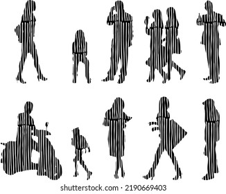 Vector silhouettes, Outline silhouettes of people, Contour drawing, people silhouette, Icon Set Isolated, Silhouette of sitting people, Architectural set	
