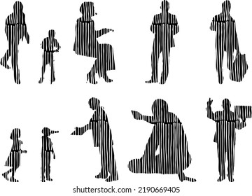 Vector silhouettes, Outline silhouettes of people, Contour drawing, people silhouette, Icon Set Isolated, Silhouette of sitting people, Architectural set	
