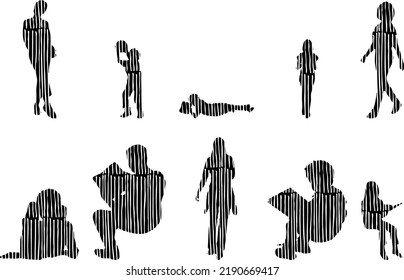 Vector silhouettes, Outline silhouettes of people, Contour drawing, people silhouette, Icon Set Isolated, Silhouette of sitting people, Architectural set	
