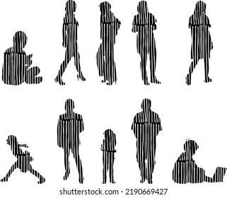 Vector silhouettes, Outline silhouettes of people, Contour drawing, people silhouette, Icon Set Isolated, Silhouette of sitting people, Architectural set	
