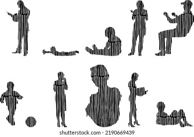 Vector silhouettes, Outline silhouettes of people, Contour drawing, people silhouette, Icon Set Isolated, Silhouette of sitting people, Architectural set	
