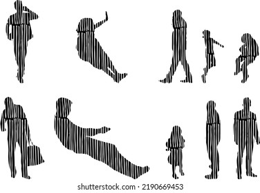 Vector silhouettes, Outline silhouettes of people, Contour drawing, people silhouette, Icon Set Isolated, Silhouette of sitting people, Architectural set	
