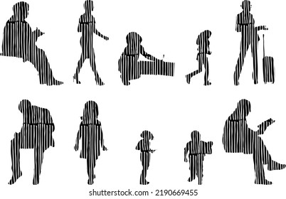 Vector silhouettes, Outline silhouettes of people, Contour drawing, people silhouette, Icon Set Isolated, Silhouette of sitting people, Architectural set	

