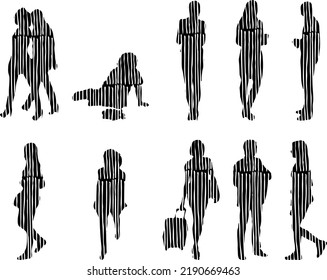 Vector silhouettes, Outline silhouettes of people, Contour drawing, people silhouette, Icon Set Isolated, Silhouette of sitting people, Architectural set	
