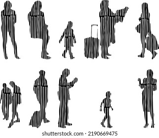 Vector silhouettes, Outline silhouettes of people, Contour drawing, people silhouette, Icon Set Isolated, Silhouette of sitting people, Architectural set	
