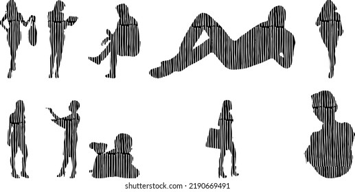 Vector silhouettes, Outline silhouettes of people, Contour drawing, people silhouette, Icon Set Isolated, Silhouette of sitting people, Architectural set	
