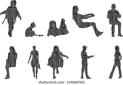 Vector silhouettes, Outline silhouettes of people, Contour drawing, people silhouette, Icon Set Isolated, Silhouette of sitting people, Architectural set	
