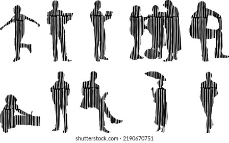 Vector silhouettes, Outline silhouettes of people, Contour drawing, people silhouette, Icon Set Isolated, Silhouette of sitting people, Architectural set	