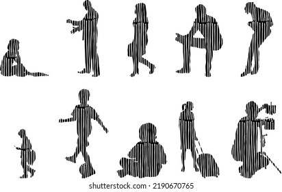 Vector silhouettes, Outline silhouettes of people, Contour drawing, people silhouette, Icon Set Isolated, Silhouette of sitting people, Architectural set	