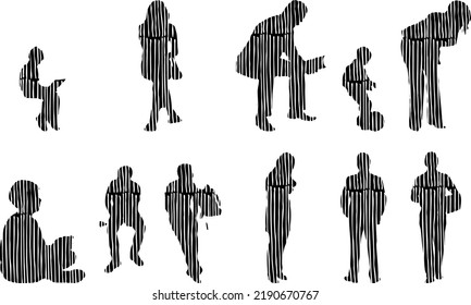 Vector silhouettes, Outline silhouettes of people, Contour drawing, people silhouette, Icon Set Isolated, Silhouette of sitting people, Architectural set	