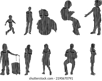 Vector silhouettes, Outline silhouettes of people, Contour drawing, people silhouette, Icon Set Isolated, Silhouette of sitting people, Architectural set	