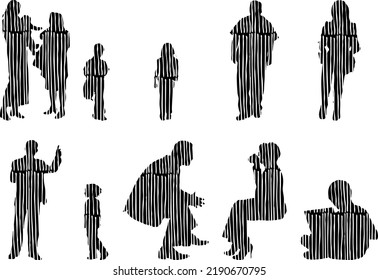 Vector silhouettes, Outline silhouettes of people, Contour drawing, people silhouette, Icon Set Isolated, Silhouette of sitting people, Architectural set	