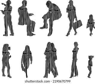 Vector silhouettes, Outline silhouettes of people, Contour drawing, people silhouette, Icon Set Isolated, Silhouette of sitting people, Architectural set	