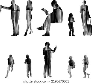 Vector silhouettes, Outline silhouettes of people, Contour drawing, people silhouette, Icon Set Isolated, Silhouette of sitting people, Architectural set	