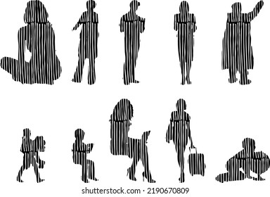 Vector silhouettes, Outline silhouettes of people, Contour drawing, people silhouette, Icon Set Isolated, Silhouette of sitting people, Architectural set	