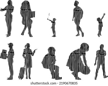 Vector silhouettes, Outline silhouettes of people, Contour drawing, people silhouette, Icon Set Isolated, Silhouette of sitting people, Architectural set	