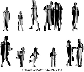 Vector silhouettes, Outline silhouettes of people, Contour drawing, people silhouette, Icon Set Isolated, Silhouette of sitting people, Architectural set	