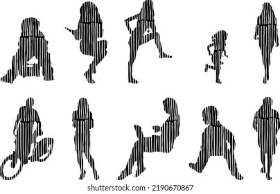 Vector silhouettes, Outline silhouettes of people, Contour drawing, people silhouette, Icon Set Isolated, Silhouette of sitting people, Architectural set	