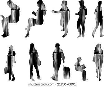 Vector silhouettes, Outline silhouettes of people, Contour drawing, people silhouette, Icon Set Isolated, Silhouette of sitting people, Architectural set	