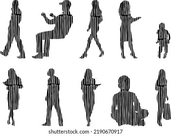 Vector silhouettes, Outline silhouettes of people, Contour drawing, people silhouette, Icon Set Isolated, Silhouette of sitting people, Architectural set	