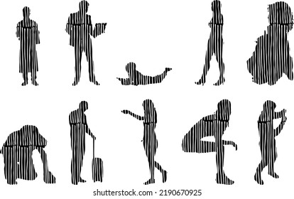 Vector silhouettes, Outline silhouettes of people, Contour drawing, people silhouette, Icon Set Isolated, Silhouette of sitting people, Architectural set	