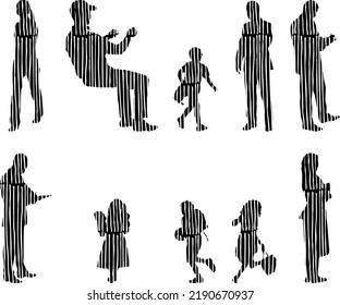 Vector silhouettes, Outline silhouettes of people, Contour drawing, people silhouette, Icon Set Isolated, Silhouette of sitting people, Architectural set	