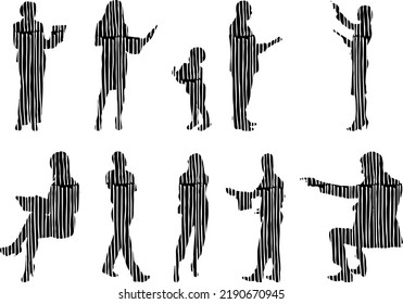 Siluetas vectoriales, Siluetas de contorno de personas, Dibujo de contorno, silueta de personas, Conjunto de iconos aislados, Silueta de personas sentadas, Conjunto arquitectónico	