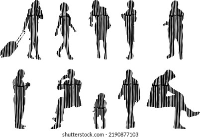 Vector silhouettes, Outline silhouettes of people, Contour drawing, people silhouette, Icon Set Isolated, Silhouette of sitting people, Architectural set	
