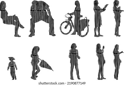 Vector silhouettes, Outline silhouettes of people, Contour drawing, people silhouette, Icon Set Isolated, Silhouette of sitting people, Architectural set	