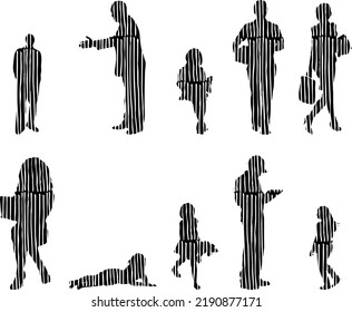 Vector silhouettes, Outline silhouettes of people, Contour drawing, people silhouette, Icon Set Isolated, Silhouette of sitting people, Architectural set	
