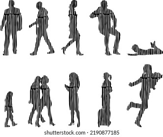 Vector silhouettes, Outline silhouettes of people, Contour drawing, people silhouette, Icon Set Isolated, Silhouette of sitting people, Architectural set	