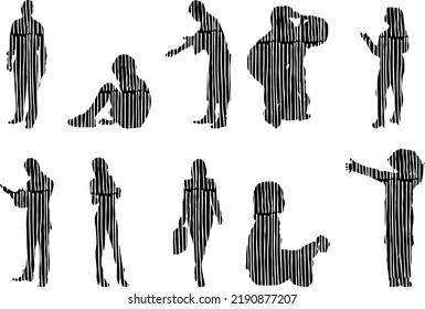 Vector silhouettes, Outline silhouettes of people, Contour drawing, people silhouette, Icon Set Isolated, Silhouette of sitting people, Architectural set	