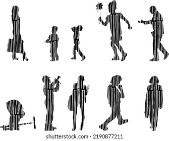 Vector silhouettes, Outline silhouettes of people, Contour drawing, people silhouette, Icon Set Isolated, Silhouette of sitting people, Architectural set	