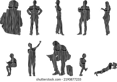 Vector silhouettes, Outline silhouettes of people, Contour drawing, people silhouette, Icon Set Isolated, Silhouette of sitting people, Architectural set	