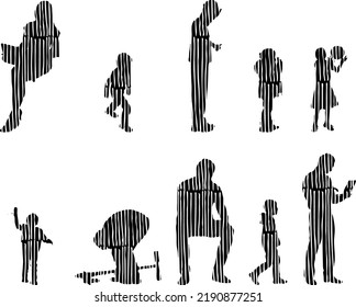 Vector silhouettes, Outline silhouettes of people, Contour drawing, people silhouette, Icon Set Isolated, Silhouette of sitting people, Architectural set	
