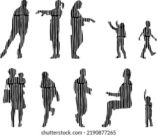 Vector silhouettes, Outline silhouettes of people, Contour drawing, people silhouette, Icon Set Isolated, Silhouette of sitting people, Architectural set	
