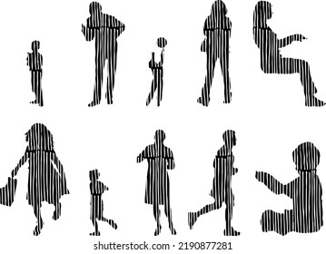 Vector silhouettes, Outline silhouettes of people, Contour drawing, people silhouette, Icon Set Isolated, Silhouette of sitting people, Architectural set	