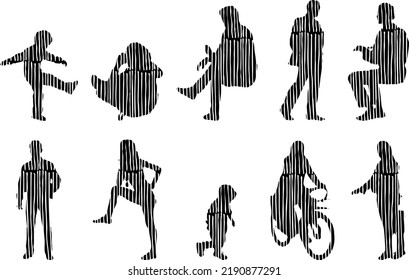 Vector silhouettes, Outline silhouettes of people, Contour drawing, people silhouette, Icon Set Isolated, Silhouette of sitting people, Architectural set	